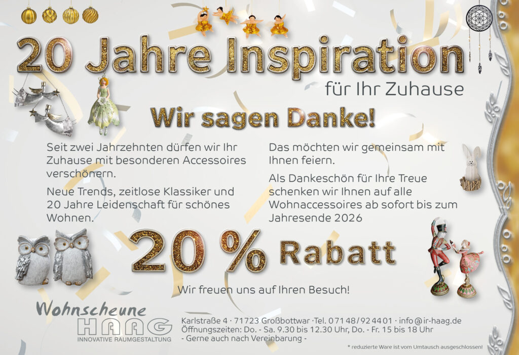20 Jahre Wohnscheune Haag – 20 % Rabatt auf alle Wohnaccessoires bis Jahresende 2026